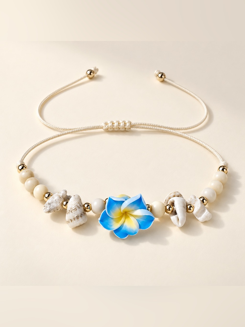 Handmade Blue & Yellow Plumeria Flower Shell Choker Necklace